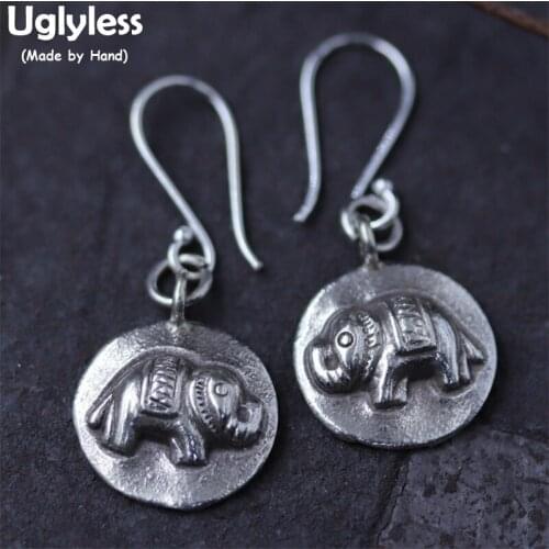 Uglyless Real S925 Vulcanized Black Silver Handmade Elephant Dangle Earrings Women Vintage Design Thai Totem Brincos Fine Bijoux