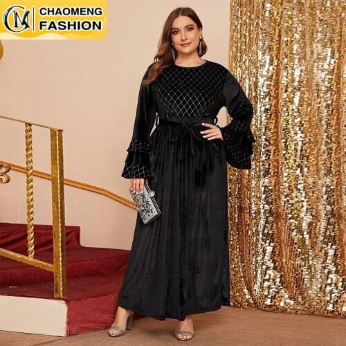 Middle East Winter Designs Long Flare Sleeve Velvet Caftan Maxi Turkey Muslim Women Dress Kaftan Dubai Abaya Islamic Clothing