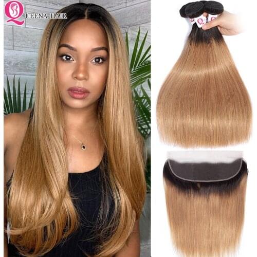 Blonde Bundles With Frontal Closure Ombre Honey 1B 27 Straight Hair 2/3/4 Bundles With Frontal Brazilian Human Hair Wave Bundles