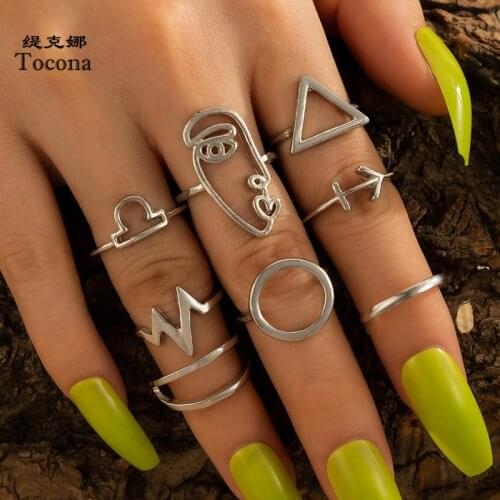 Tocona 8pcs/sets Vintage Sivle Color Geometric Ring Sets for Women Face Hollow Geometric Party Jewelry Accessories 16411