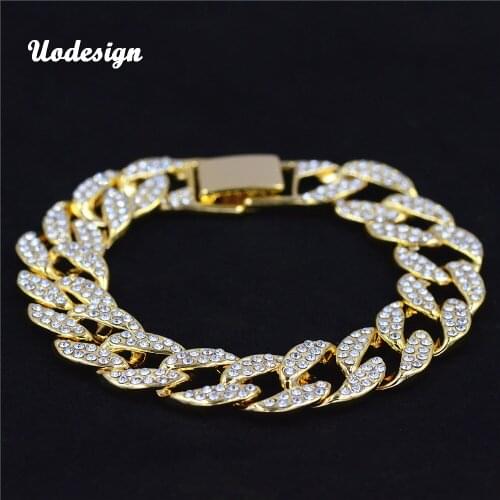 Uodesign Mens Luxury Rhinestone Fashion Bracelets & Bangle High Quality Gold Silver Color Iced Out Miami Cuban Bracelet Hip Hop