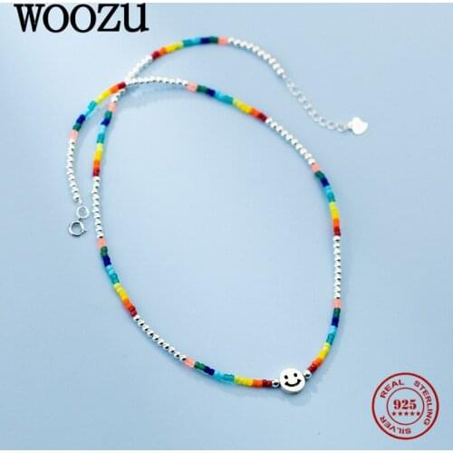 WOOZU 925 Sterling Silver Minimalist Cute Smile Colour Bead Clavicle Necklaces For Women Personality French Hip Hop Jewelry Gift