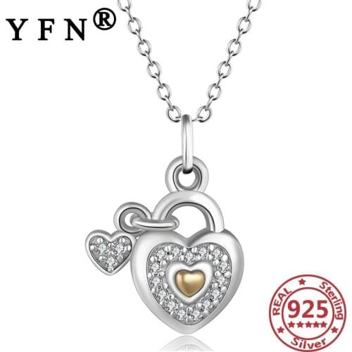 YFN 925 Sterling Silver Love Lock Necklaces Crystal Zircon Necklace Pendant Silver 925 Jewelry Valentines Day Gifts Moms Gifts