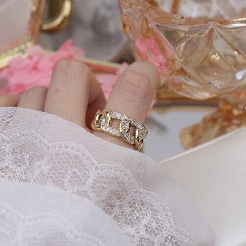 Korean new design fashion jewelry exquisite copper inlaid zircon geometric ring luxury shiny womens opening adjustable ring