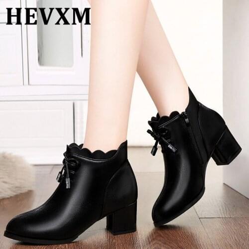 HEVXM 2020 Winter Shoes Warm Plush Ankle Boots Mid Heels Dress Shoes Black Booties Bow Snow Shoes Botas Mujer Plus Size 43