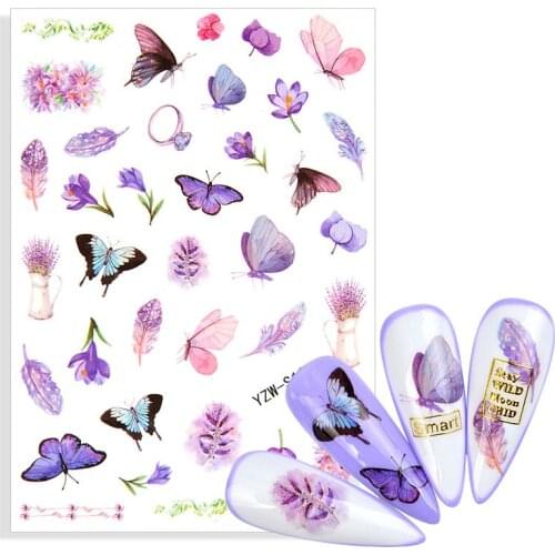 1pcs 2021 New Purple Butterfly Designs Water Decals Flower Feather Alphabet Leaves Nail Art Sticker Decoration Adhesive Decals