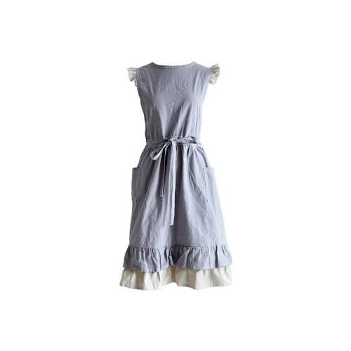 105cm khaki/light grey cotton linen ruffled frill apron dress female gradening overall lady sleeveless apron adult pinafore