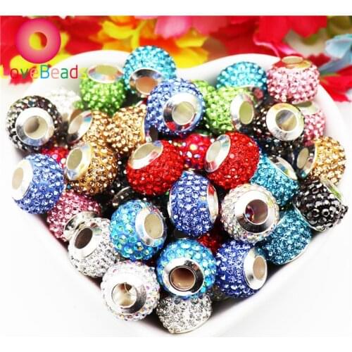 20Pcs/Lot Crystal Rhinestone Glass Stone European Large Hole Beads with Silver Color Plated Brass Cores Pandora Charms Jewelry