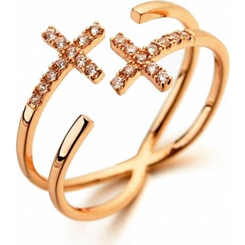 2017 Brand Real Zirconia Rose Gold Color Micro Inlays Simple Cross Open Ring for Women Anti Allergies #115610r