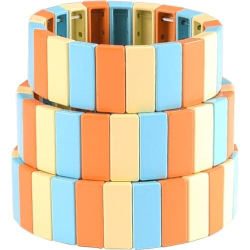 3PCS/Lot Enamel Tile Bracelets Set Rainbow Elastic Stackable Tile Bracelet Family Series girl friend Gift