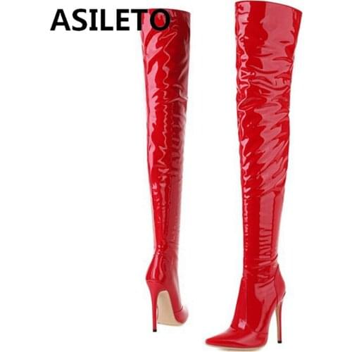 ASILETO Sexy Luxury Party Over Knee High Boots Patent Leather Zipper Pointed Toe 12cm Stileeto Heel Ladies Plus Size 49 S2463