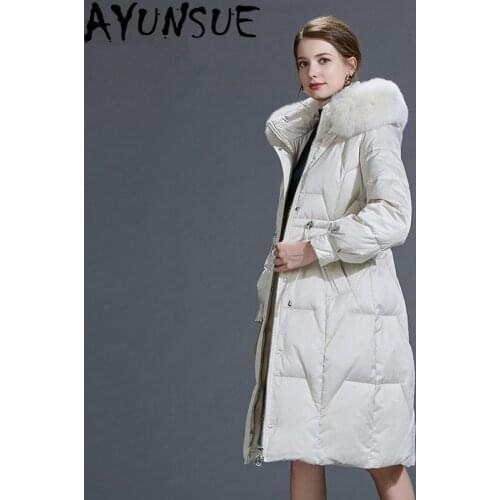 AYUNSUE Womens Down Jacket Real Fox Fur Collar Hooded Parkas Woman 90% White Duck Down Jackets Female Coats Abrigo Mujer 864