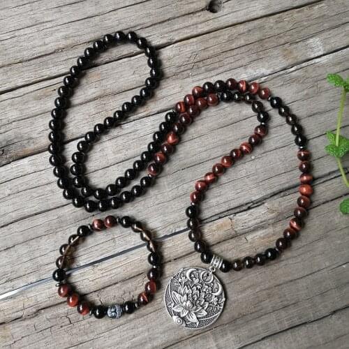 8mm Natural Stone Bead,Smokey Quartz,Red Tigers Eye,Lotus,JapaMala Sets,Spiritual Jewelry,Meditation,Inspirational,108 Mala Bead