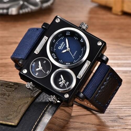 Oulm Fashion Casual Fabric Watch Mens Sport Outdoor Unique Design Quartz Clock Male Three Time Zone Big Size Men Wrist Watches