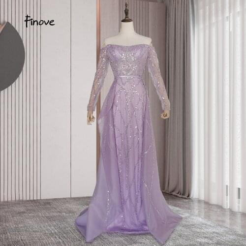 Finove Elegant Evening Dress Purple 2021 Boat Neck Long Sleeves Belt With Beads A-Line Princess Dress Party Gown