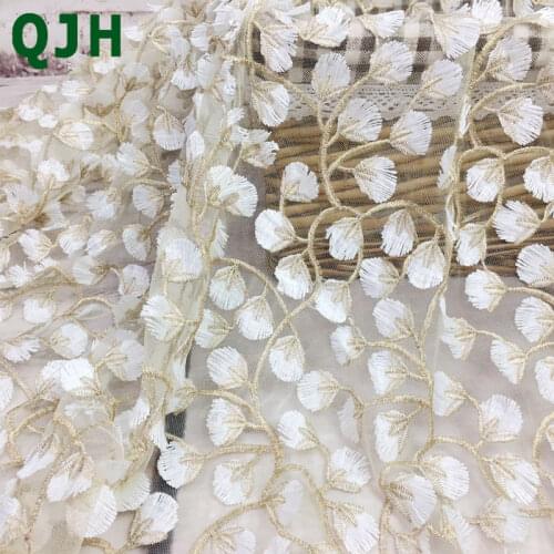 5y Exquisite Gold thread 3D embroidery lace fabrics,High-quality white mesh Openwork wedding Accessories Dress embroidered cloth