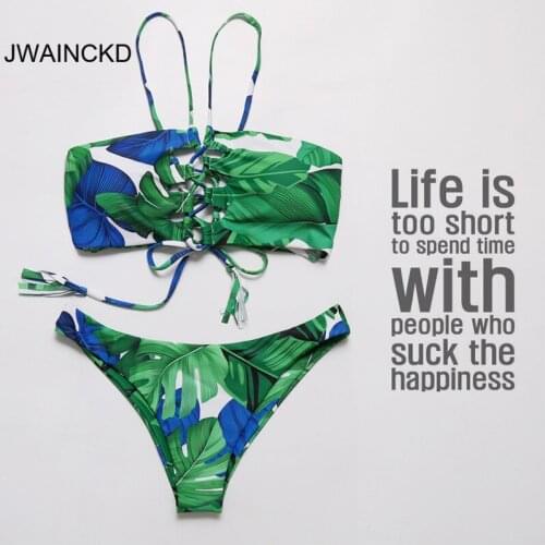 JWAINCKD Plant Print Bikini Push-Up Padded Bandage Swimwear Backless Women Strap Warp String Beachwear Beautiful Girls Swimsuit