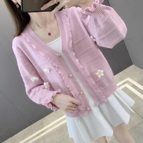Spring Autumn Short Sweater Women Loose Coat Fashion Ruffle Flared Sleeves Knitwear Cardigan Sueters TT0347