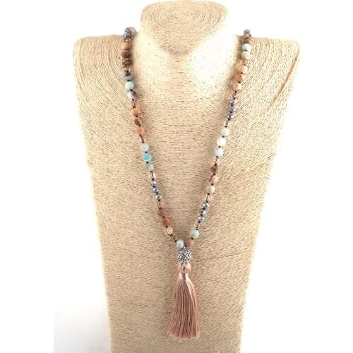 MOODPC Fashion Bohemian Tribal Jewelry 8MM Lava/Natural Stone Tassel Yoga Necklace For Women Lariat Necklaces