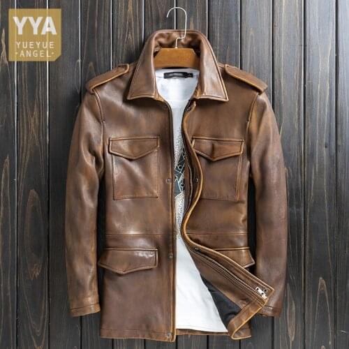 Vintage Genuine Leather Cargo Jacket Men Safari Style Multiple Pockets Motorcycle Jackets Slim Fit Real Sheepskin Long Coat Male