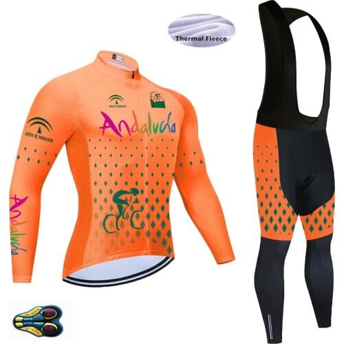 2021 Team Andalucia Bike Cycling Clothes Mens Cycling Jersey Suit Trousers Winter Thermal Fleece Long Sleeve Padded Pants