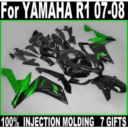 Injection molding free customize fairings for Yamaha YZF R1 07 08 green black fairing kit YZFR1 2007 2008 +7 free gifts BD58