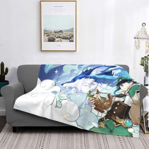 Genshin Impact Venti Dvalin Blanket Flannel Print Anime Portable Warm Throw Blankets for Bed Travel Rug Piece
