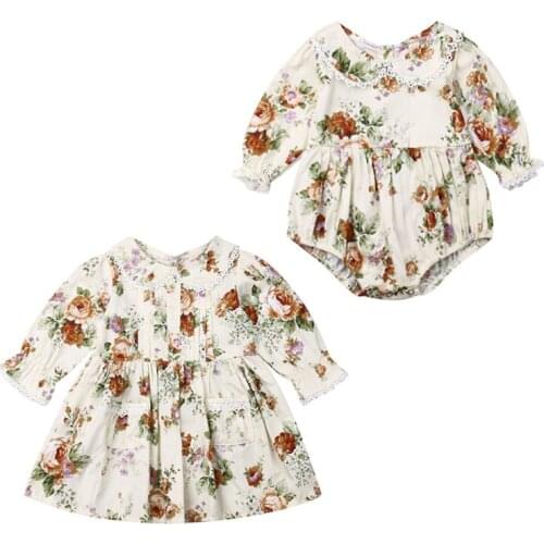 Baby Little/Big Sister Family Matching Clothes Kid Girl Floral Lace Flower Long Sleeve Romper Dress Outfit