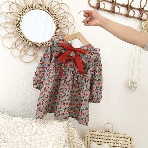 Dress Pleat A-line Full Sleeve O-neck Floral Knee Length Cotton New Fashion Casual Sweet Cute Lovely Spring Children Girls