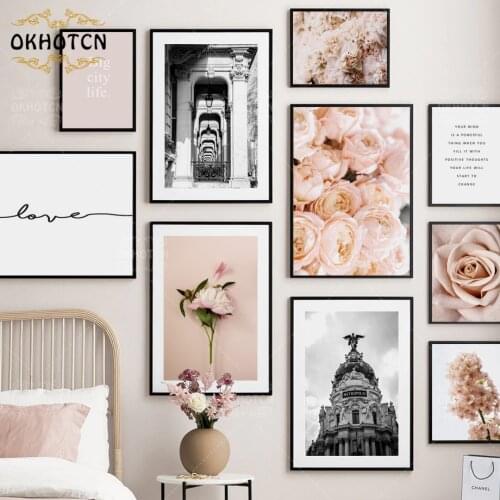 Angel Stone Building Nordic Art Poster Pink Flower Carnation HD Printed Pictures For Living Room Modern Home Decoration
