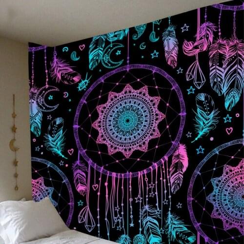 Psychedelic Dreamcatcher Moon Feather Tapestry Hippie Large Bohemian Mandala Tapestries Wall Cloth Carpet Ceiling Room Decor