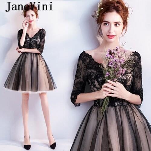 JaneVini Vestidos Vintage Lace Short Mother of The Bride Dresses with Sleeve A Line Deep V Neck Backless Evening Gowns for Women