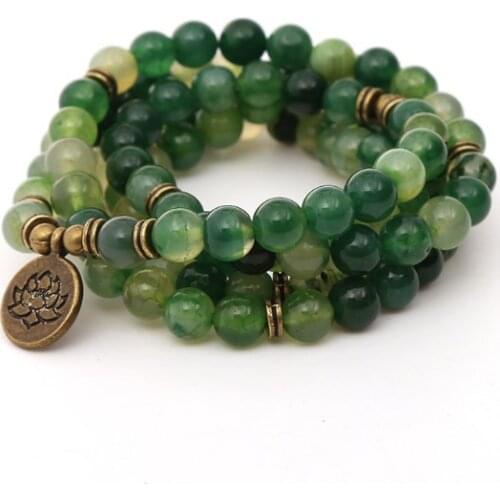 Green 108 beads 8mm elastic adjustable Lotus life tree Buddha OM eye Chakra Reiki agate Onyx Yoga Bracelet necklace uh4d