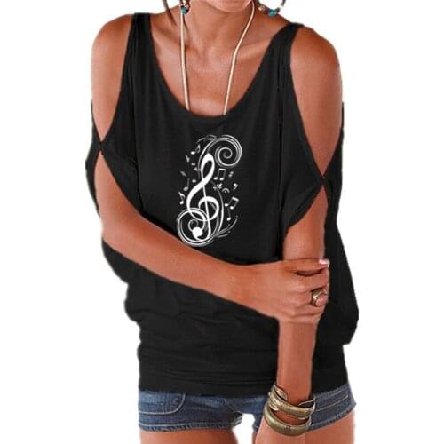 Women Musical Note graphic t shirt Music women fashion new tshirt Sexy Off Shoulder Tops Batwing Short Sleeve Lace up tee
