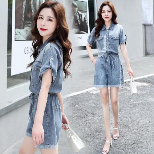 Women 2021 Summer Denim Jumpsuit Romper Fashion Casual Loose Ladies Jeans Playsuit Female Streetwear Short Slim Overalls U178