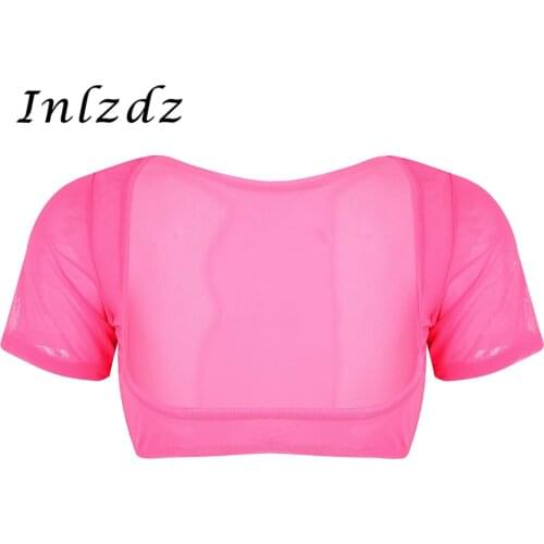 Womens Belly Dance Open Bust Crop Top Soft Mesh See Through Sheer Short Sleeve Belly Dance Crop Top Sexy Clubwear Stage Wear