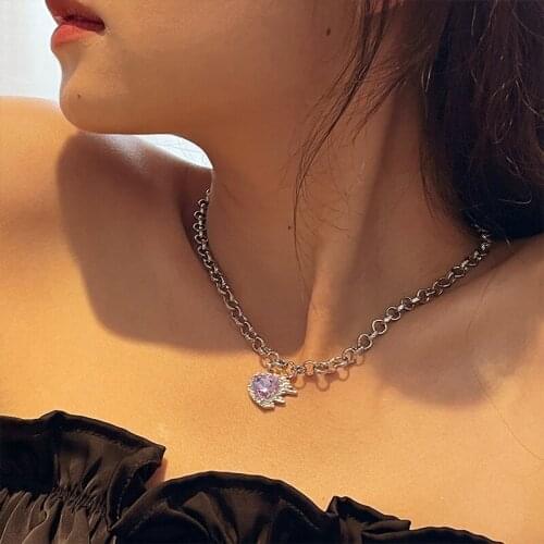 Woman Jewelry Necklace Purple Glass Heart Pendant Neck Chain Popular High Quality Shiny Chains Punk Party Womens Necklaces