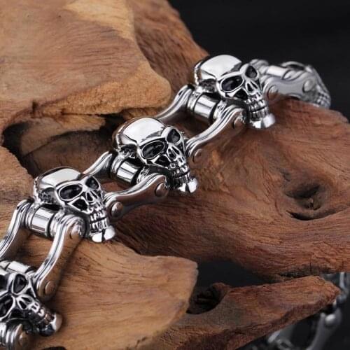 23cm Punk Skull Bracelets Men Stainless Steel 7 Skull Charms Link Chain Bracelet Biker Hip Hop Bike Chain Wrap Bangle For Man