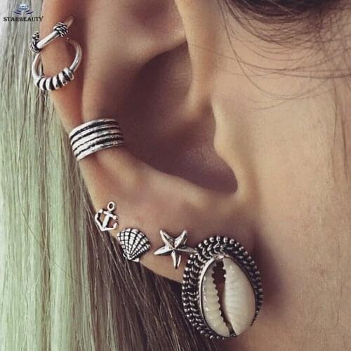 7Pcs/Lot Boho Shell & Tibetan Silver Tragus Hoop Helix Piercings Cartilage Tragus Daith Earring Studs Piercing Silver Jewelry