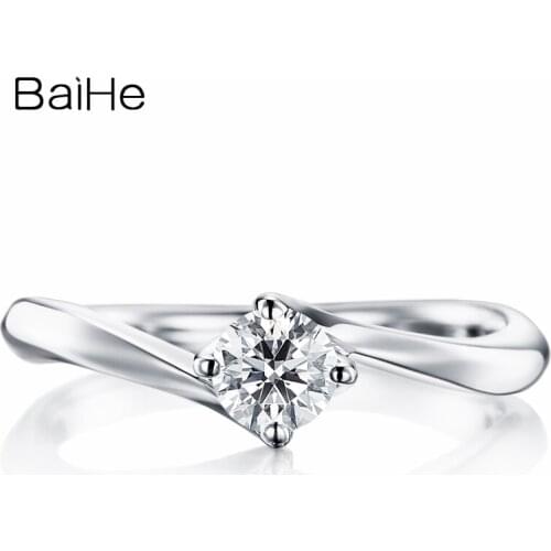 BAIHE Solid 18K White Gold 0.20ct Round Wedding Natural Diamond Women Trendy Fine Jewelry Weddiing Engagement Gift Diamond Ring