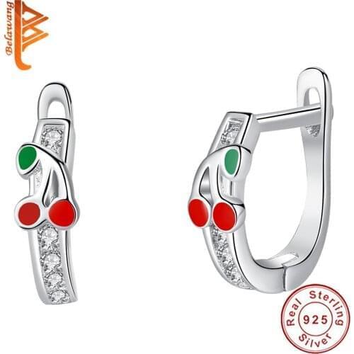 BELAWANG Spring Kids'Jewelry 925 Sterling Silver Lovely Cherry Hoop Earrings for Child Red Enamel&Clear CZ Small Earrings