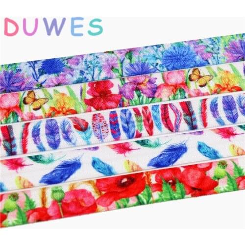 DUWES 5/8'' Free shipping feather flowers printed Fold Elastic FOE headband headwear hairband DIY decoration OEM D727