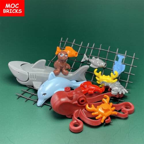 MOC Bricks Utensil Fishing Set Rod Net Line Trawler Ocean Boat Water Octopus Seals ExplorationDolls Toys For Children Gifts