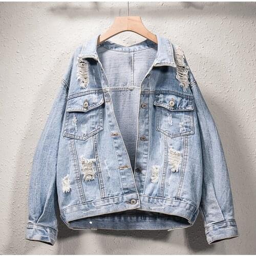 Womens Denim Jacket Streetwear Loose Oversize Coat Ripped Studded Rivet Jeans Jackets Holes Casual Outerwear Plus Size Xl-5xl