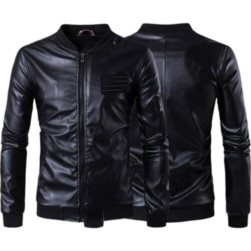 Mens Slim Fit Zipper Stand Collar Motorcycle Jacket Synthetic Leather Outwear Long Sleeves Simple Comfortable Versatile