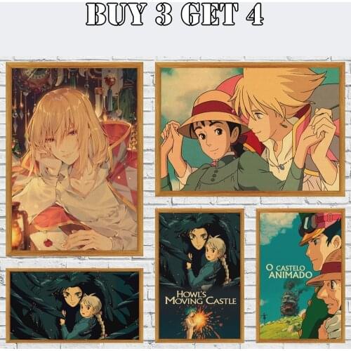Miyazaki Hayao Cartoon Anime HowlS Moving Castle Nostalgia Kraft Paper Poster Bar Cafe Retro Wall Sticker