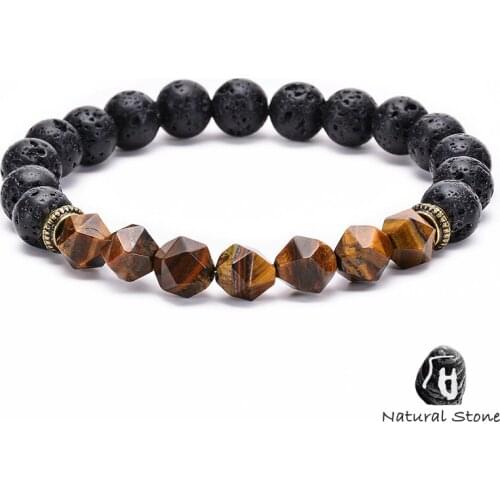 Fashion Round Lava Stone Beaded Elastic Bracelet For Men Women Faceted Natural Tiger Eye Black Onyx Lapis Lazuli Beads Bracelet