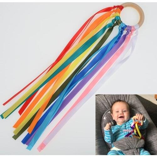 Montessori Rainbow Natural Wooden Ribbon Ring Waldorf Toys Baby Teether Newborn Recognition Sensory Toy BPA-free Non-toxic Gift