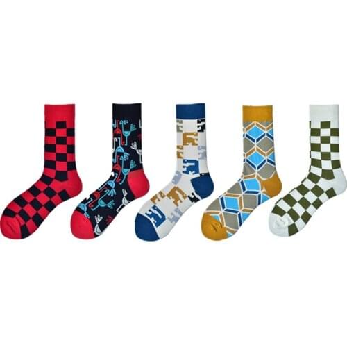 Men Socks Colorful Geometry Diamond Lattice Happy Funny Skate Street Popular Harajuku Hip Hop Casual Fashion Dress Cotton Socks