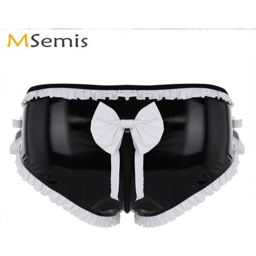Mens Gay Cute Bowknot Panties Sexy Ruffled Trim Zipper Open Crotch Underwear Wetlook Leather Sissy Latex Bikini Briefs with Hole